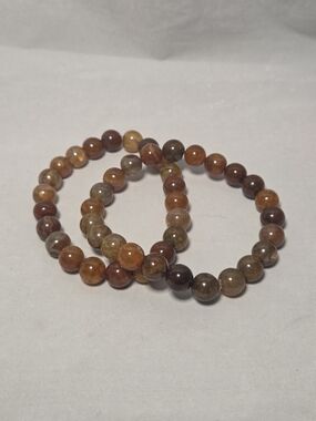 Natural Multi-Tone Agate Bead Stretch Bracelet - Brown / Rust